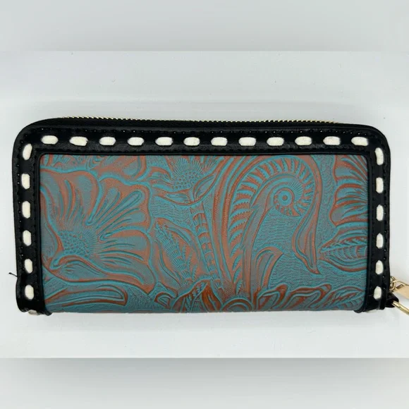 Western Style Floral Tooled PU Leather Wristlet Wallet - Large Capacity Gift - Picture 7 of 8